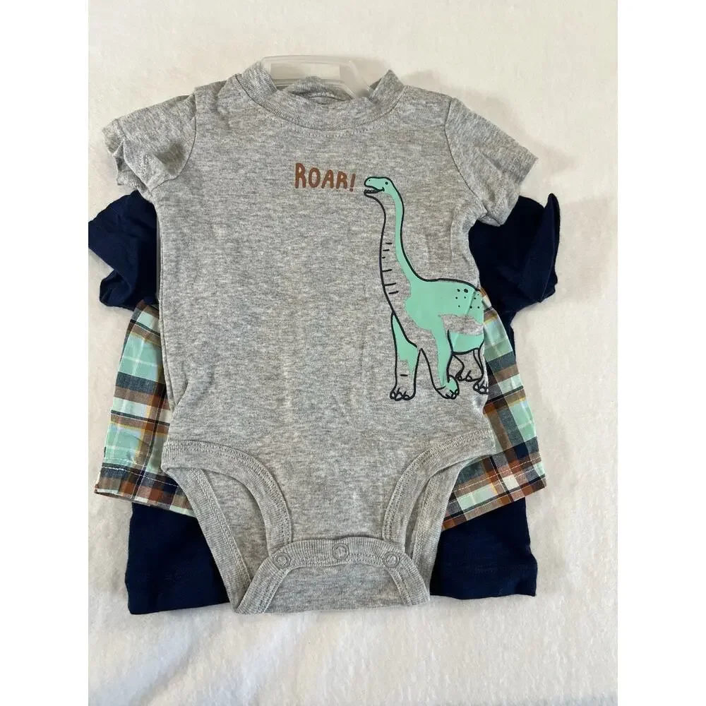 Carter's 3pc Outfit Set 0-3M Dinosaur Plaid Polo Bodysuit Shorts Cotton